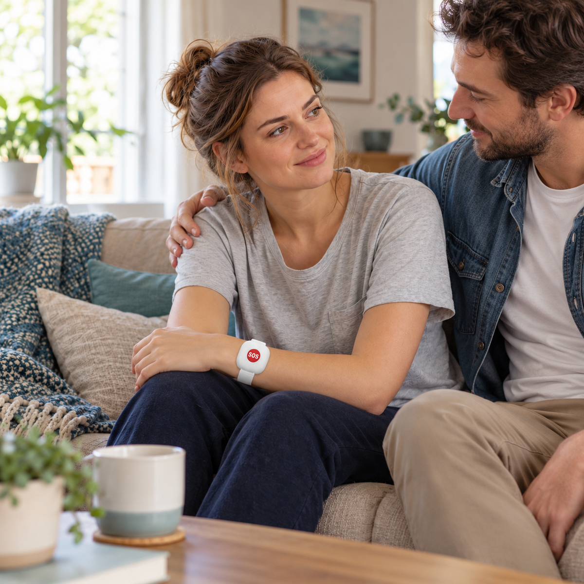 Illustrative scene of the SOS wristband worn at home with a partner