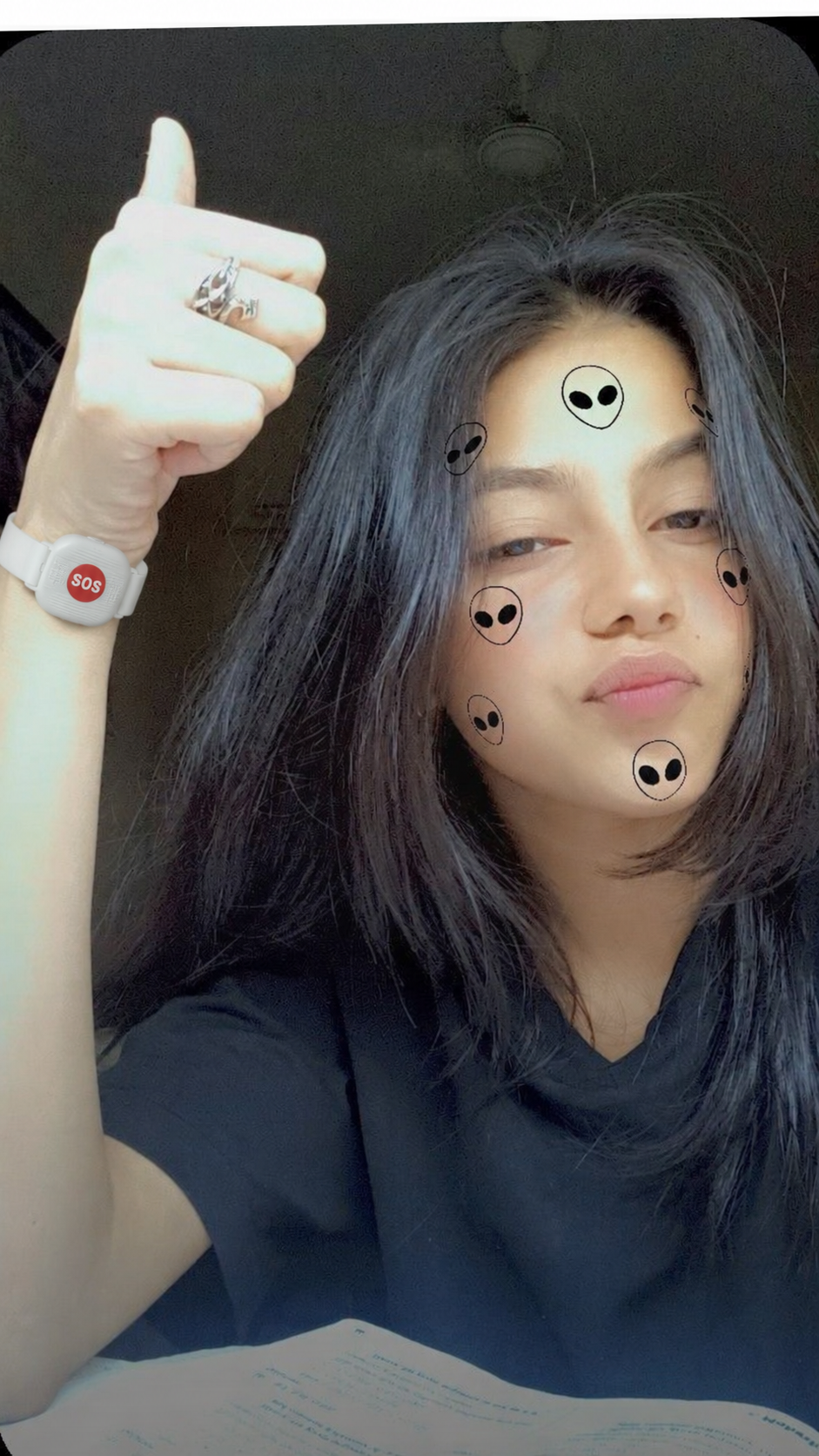 AI-edited illustrative image of a person wearing the SOS wristband; not a customer endorsement