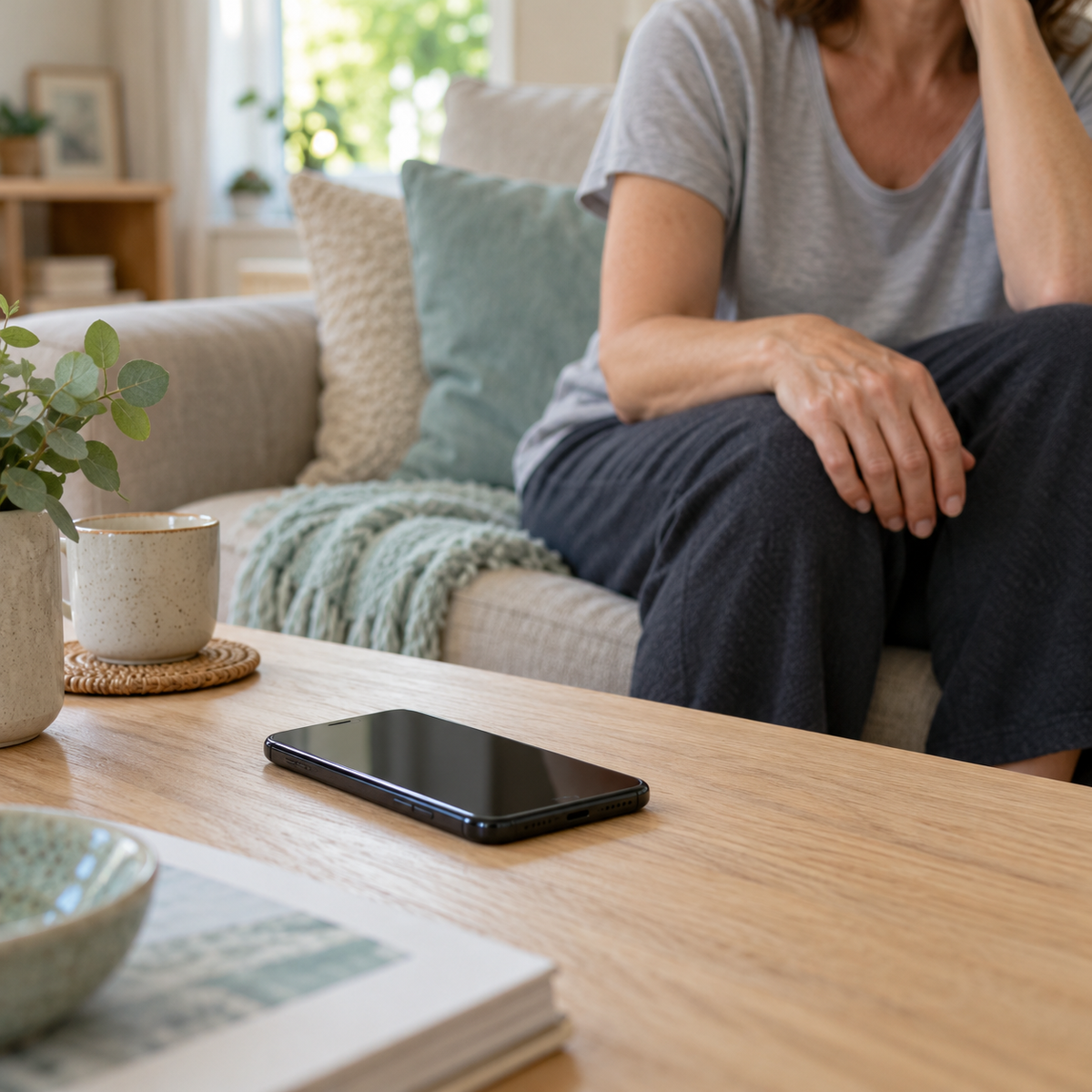 Illustrative close-up of a phone on a coffee table beside a sofa