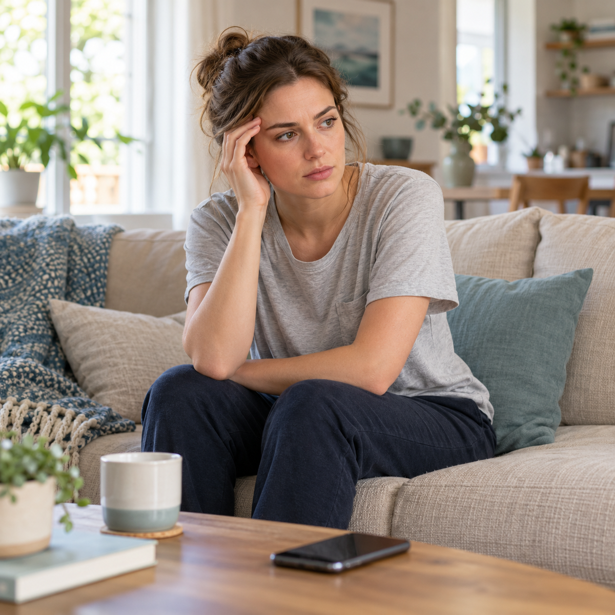 Illustrative home scene of an adult woman wanting company
