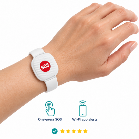 NearSignal SOS wristband worn on a wrist on a white background, with benefit icons and decorative stars